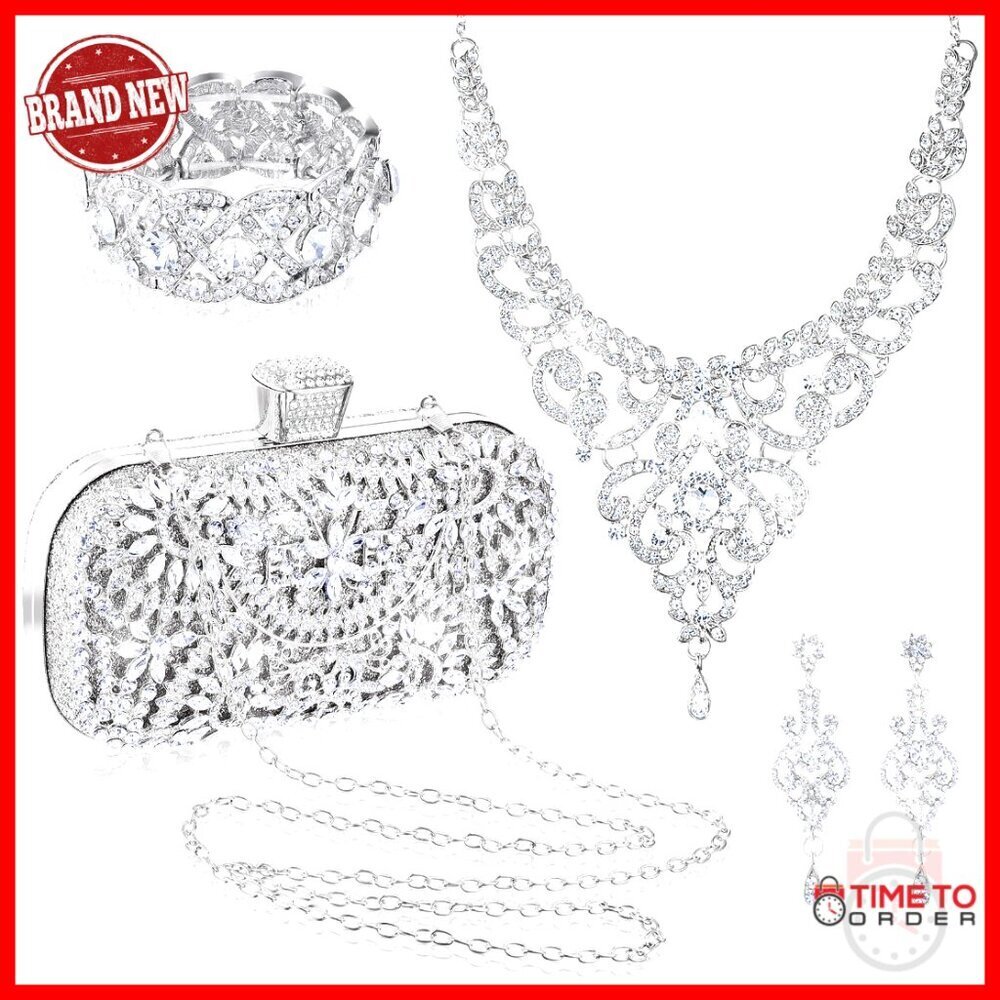 Silver Rhinestone Jewelry Set Evening Clutch Elegant Versatile Accessories